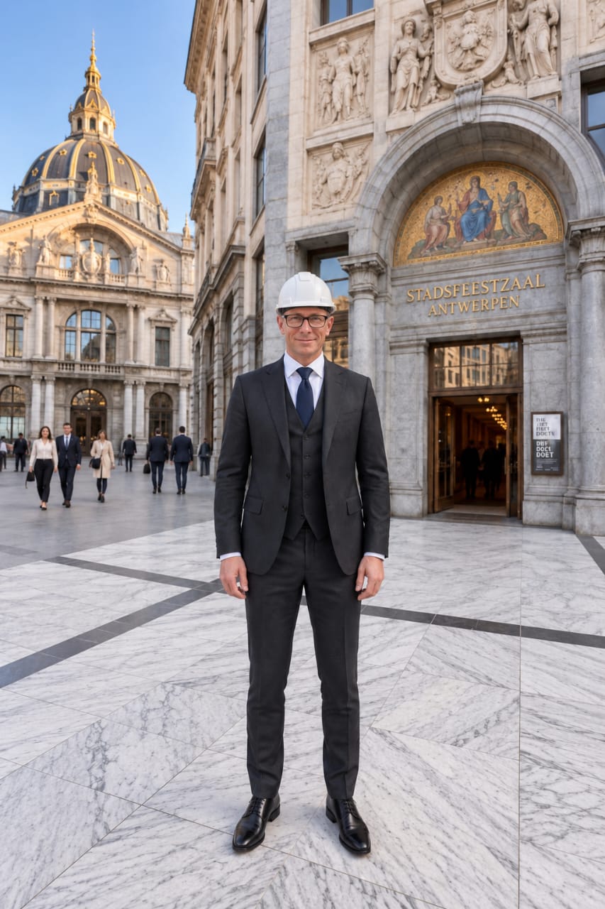 Christopher Holtcamp in a dark suit and white safety helmet standing on the marble concourse outside the Stadsfeestzaal entrance in Antwerp